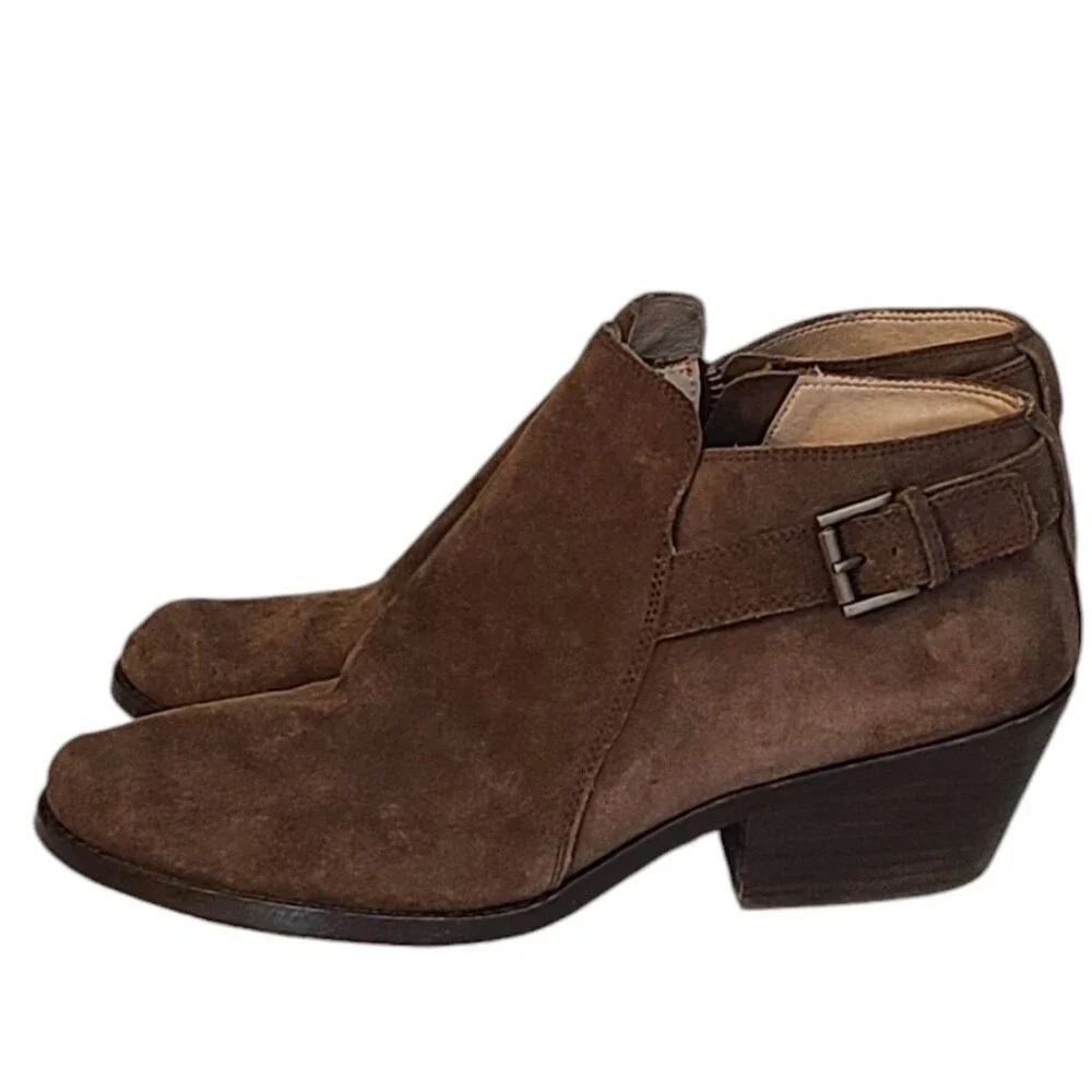 Eileen Fisher Brown Suede Ankle Boots 10 Vero Cuoio Side Buckle Zip Block Heel